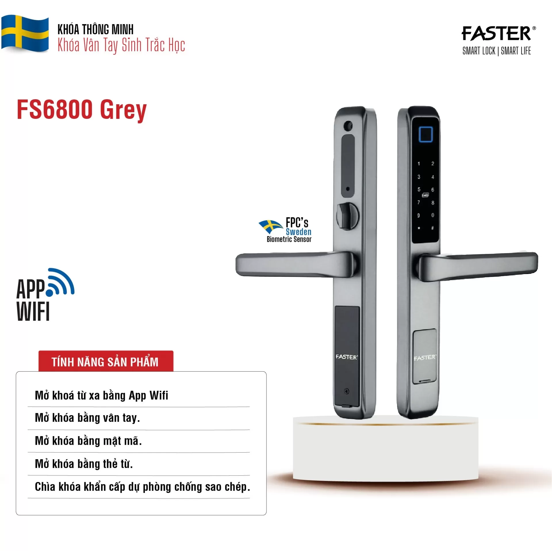 Khóa vân tay cửa nhôm FS6800 Grey